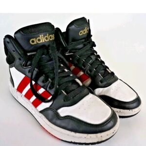 Adidas Kids Black and White Sneakers with Red Stripes